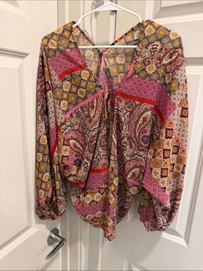 Aakaa Pink Multi-Print Patchwork Peasant Blouse